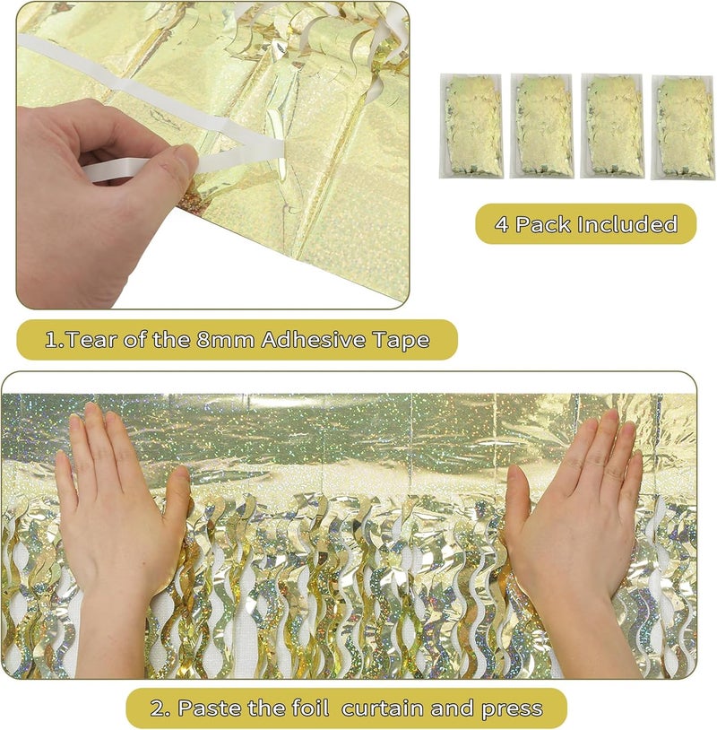 KEEUH 4 Pack Wavy Sparkle Champagne Gold Metallic Tinsel Foil Fringe Curtains Photo Booth Backdrop | Gold Streamer Backdrop for Holiday Celebration Bachelorette Party Decorations - Image 3